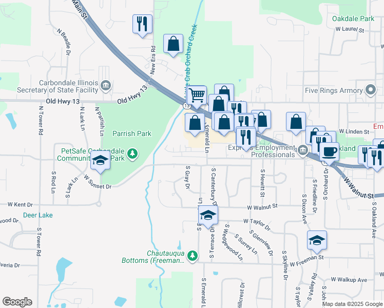 map of restaurants, bars, coffee shops, grocery stores, and more near 2009 West Woodriver Drive in Carbondale