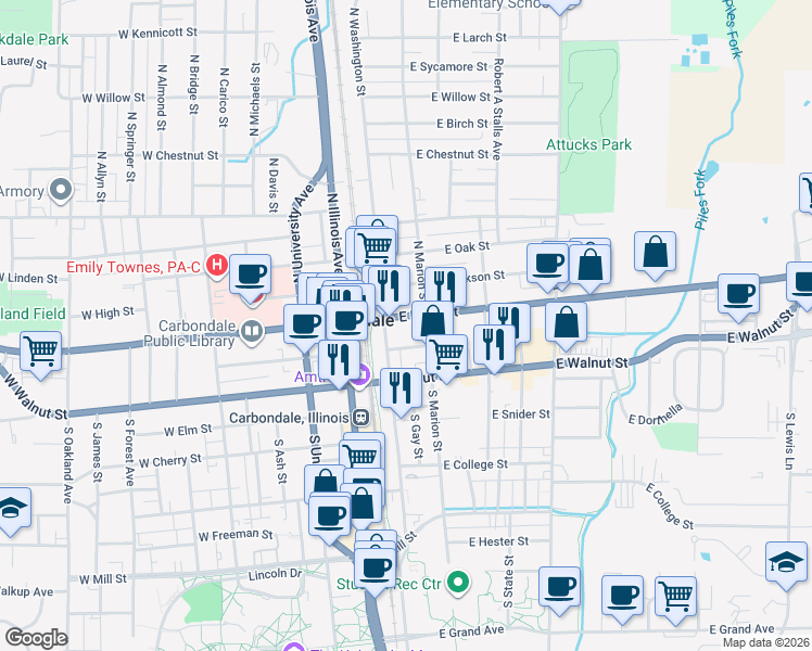 map of restaurants, bars, coffee shops, grocery stores, and more near 200-298 E Monroe St in Carbondale