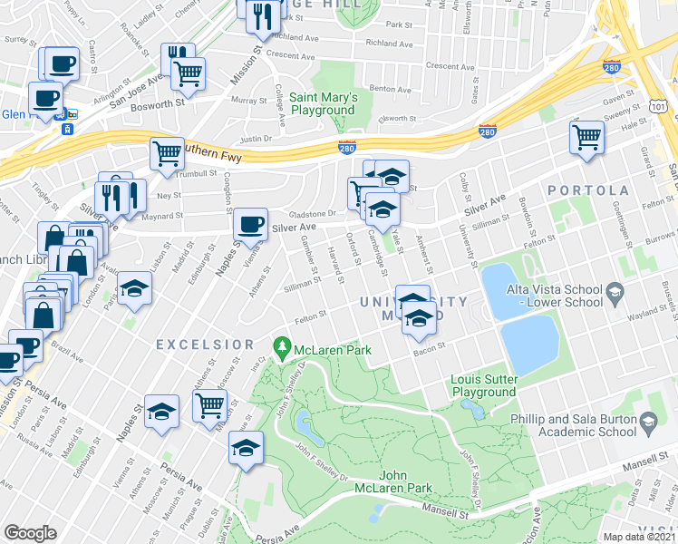 map of restaurants, bars, coffee shops, grocery stores, and more near Silliman St & Harvard St in San Francisco