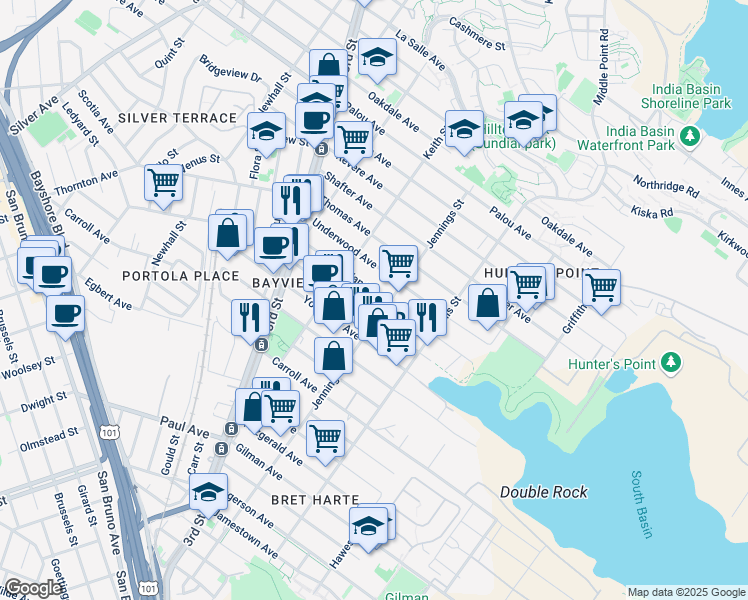 map of restaurants, bars, coffee shops, grocery stores, and more near 2200 Jennings Street in San Francisco
