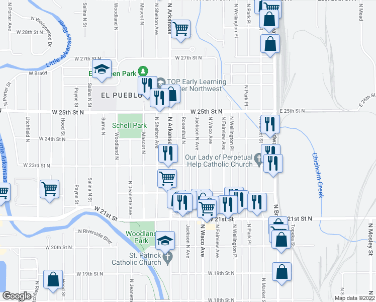 map of restaurants, bars, coffee shops, grocery stores, and more near 2432 Rosenthal North in Wichita