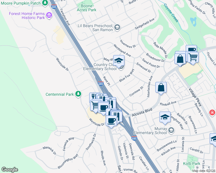 map of restaurants, bars, coffee shops, grocery stores, and more near 225 Kent Place in San Ramon