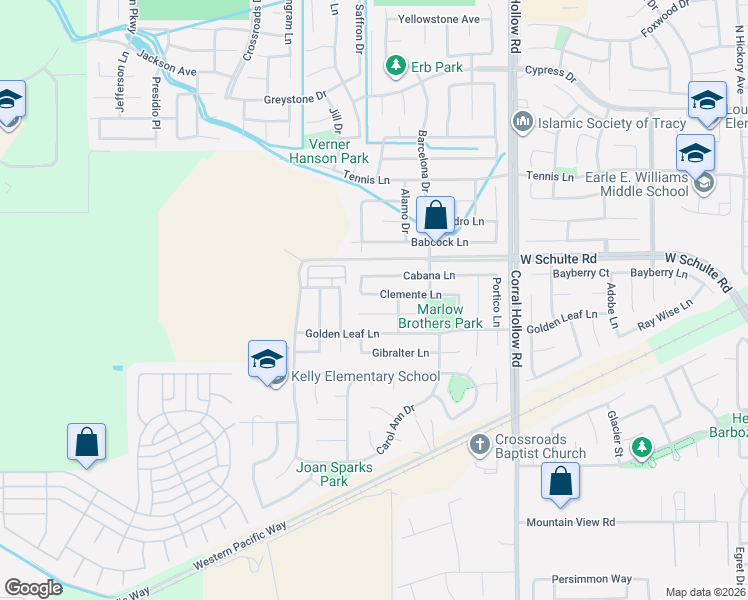 map of restaurants, bars, coffee shops, grocery stores, and more near 2416 Abbott Court in Tracy