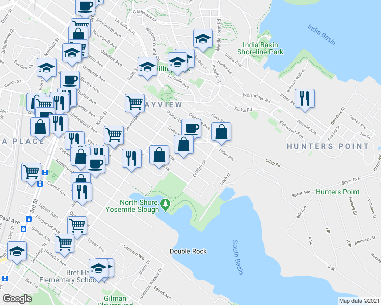 map of restaurants, bars, coffee shops, grocery stores, and more near 1146 Shafter Avenue in San Francisco
