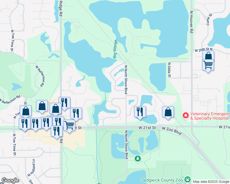 map of restaurants, bars, coffee shops, grocery stores, and more near 2349 North Sandplum Street in Wichita