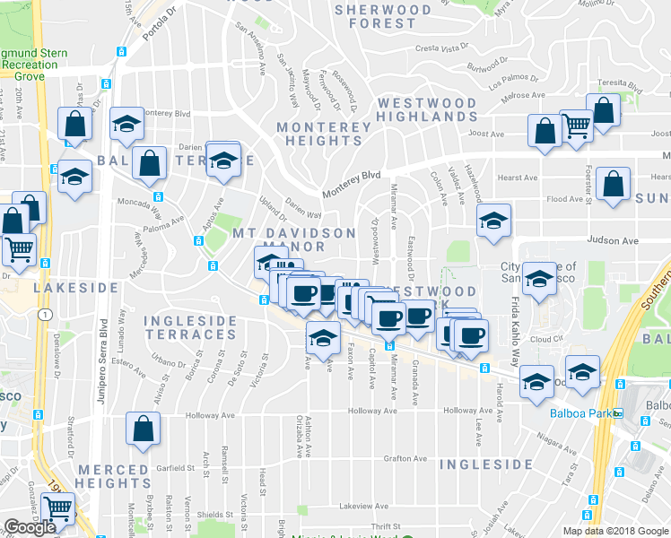 map of restaurants, bars, coffee shops, grocery stores, and more near 124 Dorado Terrace in San Francisco