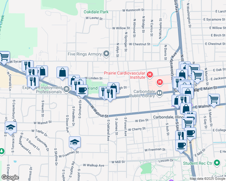 map of restaurants, bars, coffee shops, grocery stores, and more near 815 West High Street in Carbondale
