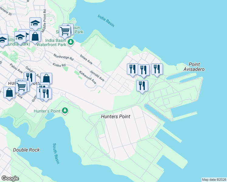 map of restaurants, bars, coffee shops, grocery stores, and more near 52 Kirkwood Avenue in San Francisco