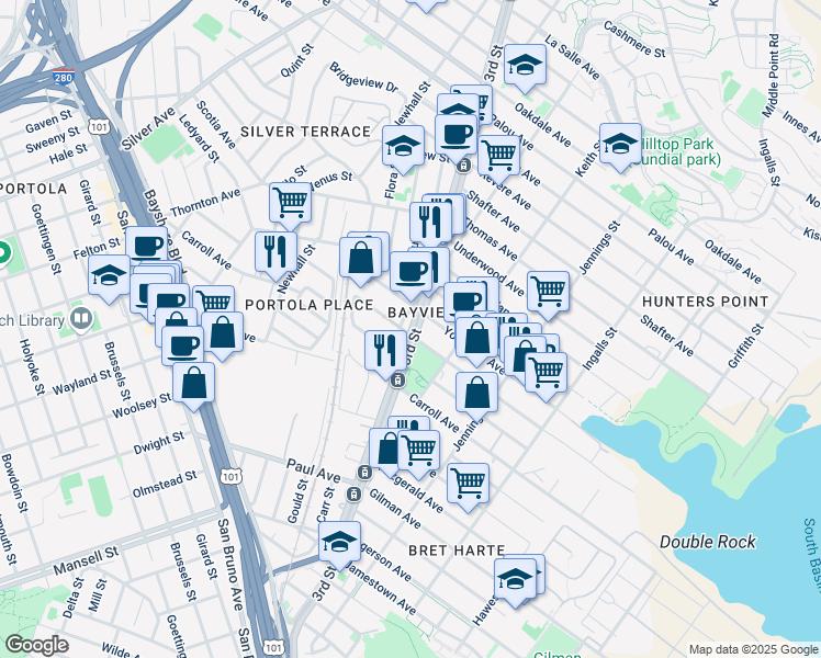 map of restaurants, bars, coffee shops, grocery stores, and more near 5600 3rd Street in San Francisco
