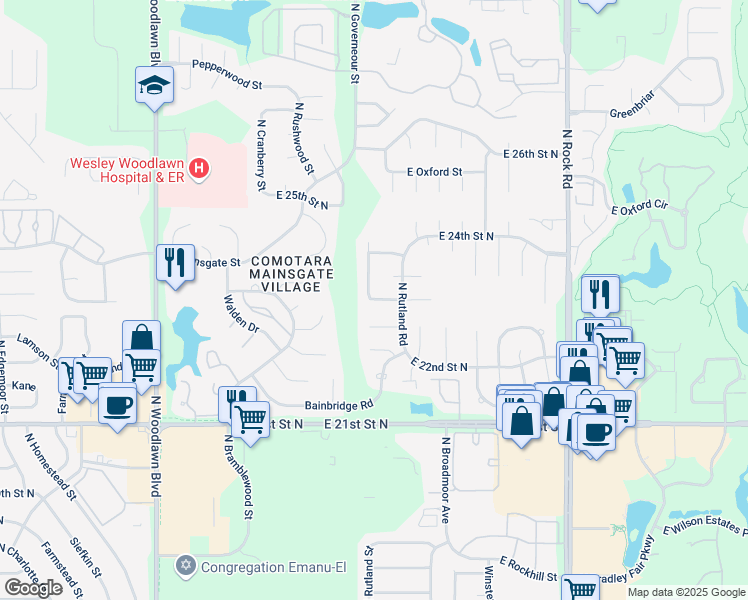 map of restaurants, bars, coffee shops, grocery stores, and more near 7298 Ayesbury Street in Wichita