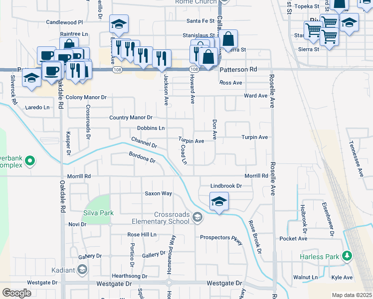 map of restaurants, bars, coffee shops, grocery stores, and more near 6018 Coad Lane in Riverbank