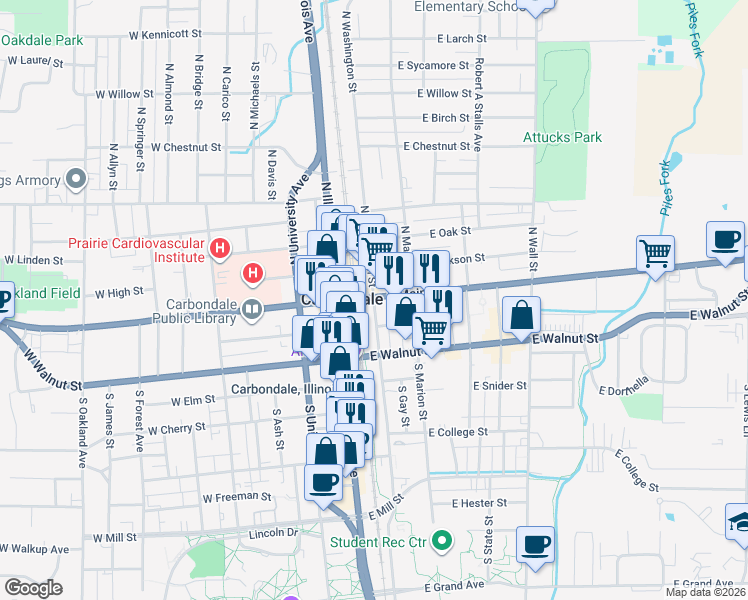 map of restaurants, bars, coffee shops, grocery stores, and more near 115 South Washington Street in Carbondale