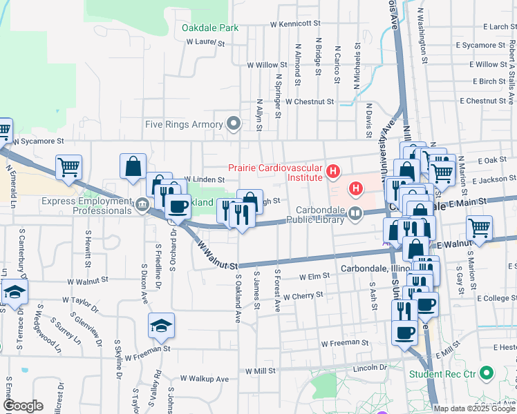map of restaurants, bars, coffee shops, grocery stores, and more near 811 West High Street in Carbondale