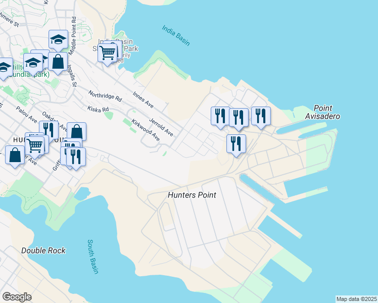map of restaurants, bars, coffee shops, grocery stores, and more near 52 Kirkwood Avenue in San Francisco