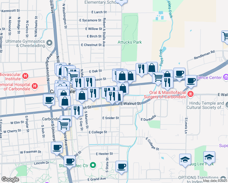 map of restaurants, bars, coffee shops, grocery stores, and more near 101 South Graham Avenue in Carbondale