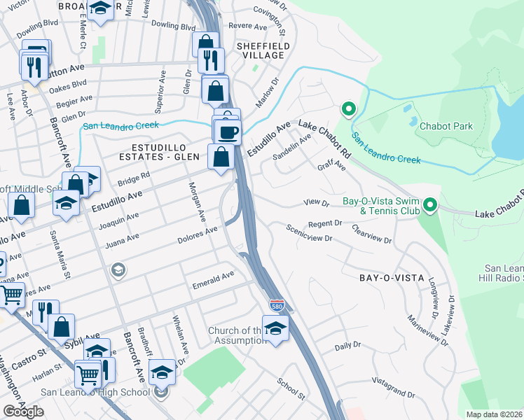 map of restaurants, bars, coffee shops, grocery stores, and more near 1201 View Drive in San Leandro