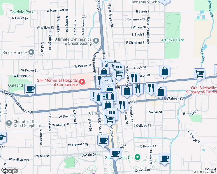 map of restaurants, bars, coffee shops, grocery stores, and more near in Carbondale