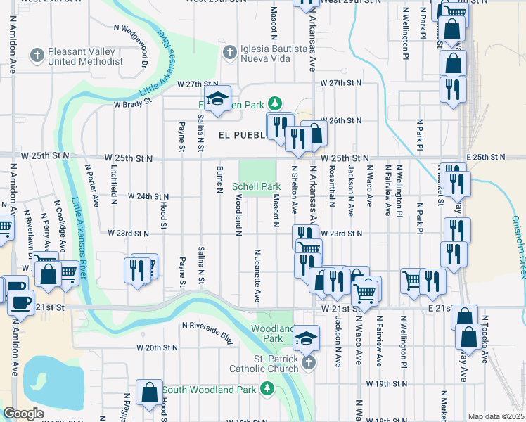 map of restaurants, bars, coffee shops, grocery stores, and more near 1033 West 24th Street North in Wichita