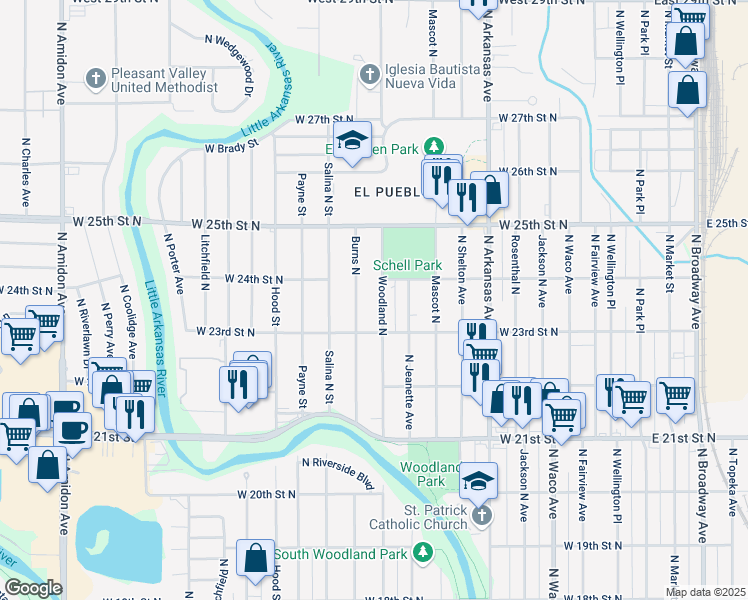 map of restaurants, bars, coffee shops, grocery stores, and more near 2502 Burns North in Wichita