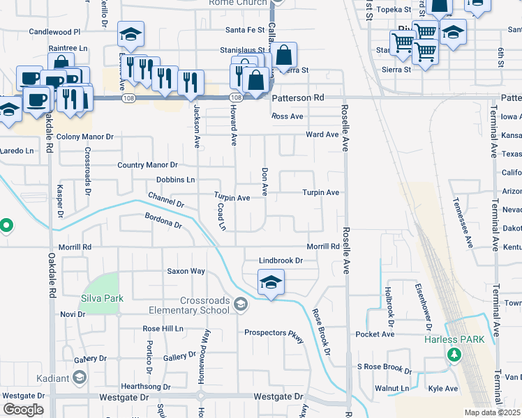 map of restaurants, bars, coffee shops, grocery stores, and more near 6049 Don Avenue in Riverbank