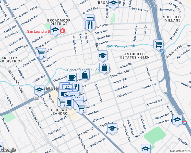 map of restaurants, bars, coffee shops, grocery stores, and more near 576 Callan Avenue in San Leandro