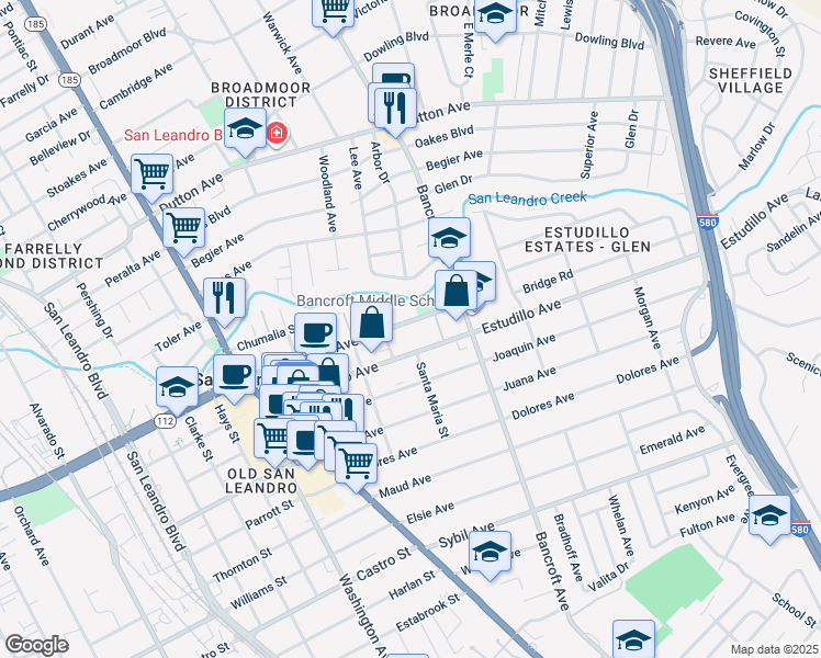 map of restaurants, bars, coffee shops, grocery stores, and more near 532 Callan Avenue in San Leandro