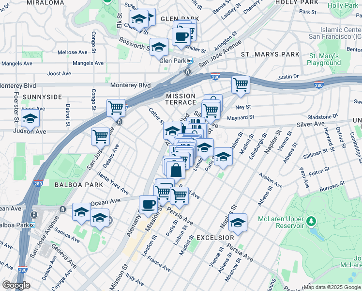 map of restaurants, bars, coffee shops, grocery stores, and more near 78 Cotter Street in San Francisco