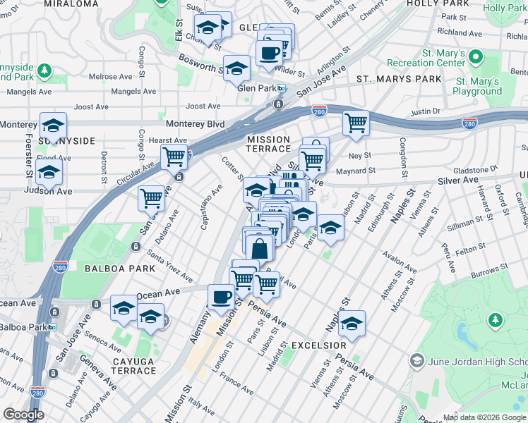 map of restaurants, bars, coffee shops, grocery stores, and more near 78 Cotter Street in San Francisco