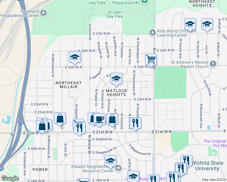 map of restaurants, bars, coffee shops, grocery stores, and more near 2455 North Estelle Street in Wichita
