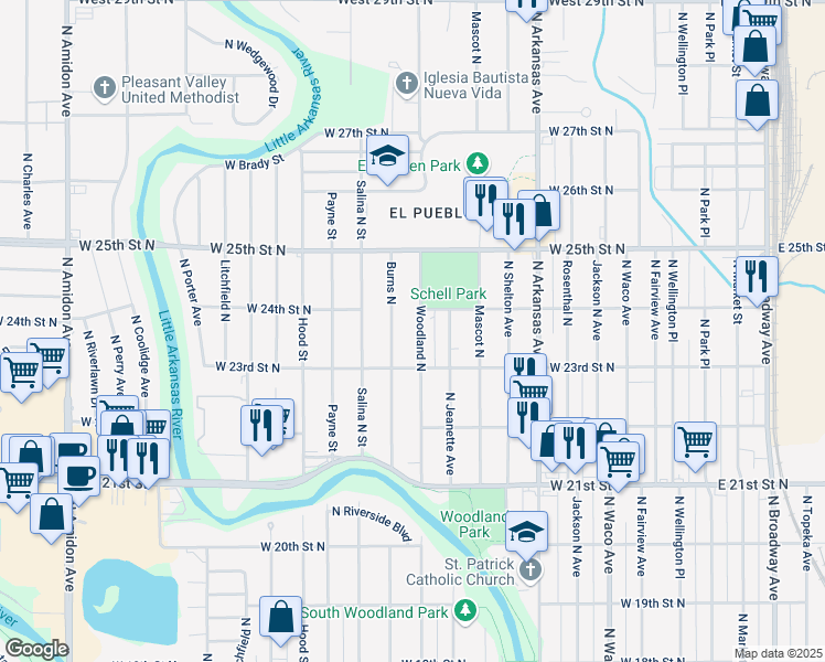 map of restaurants, bars, coffee shops, grocery stores, and more near 2502 Burns North in Wichita
