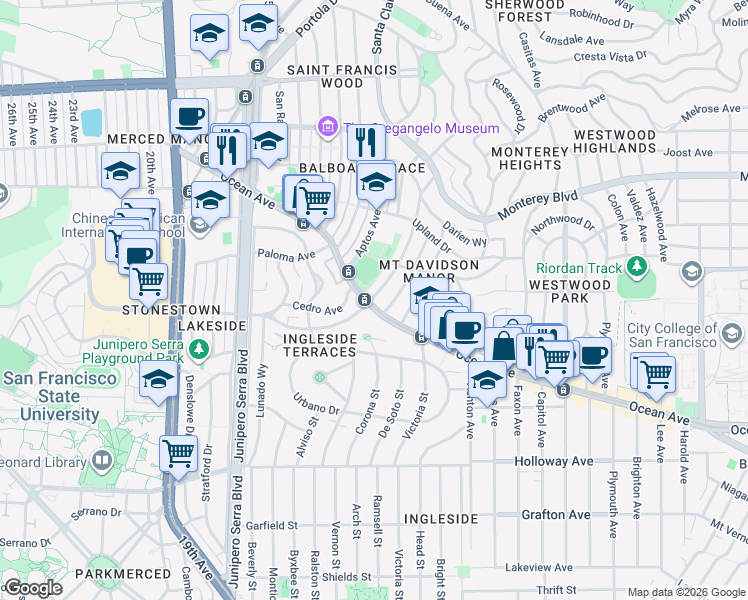 map of restaurants, bars, coffee shops, grocery stores, and more near 2 Westgate Drive in San Francisco