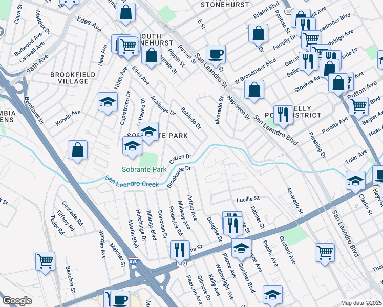 map of restaurants, bars, coffee shops, grocery stores, and more near 11136 Estepa Drive in Oakland
