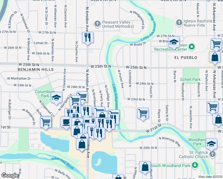 map of restaurants, bars, coffee shops, grocery stores, and more near 2461 North Porter Street in Wichita
