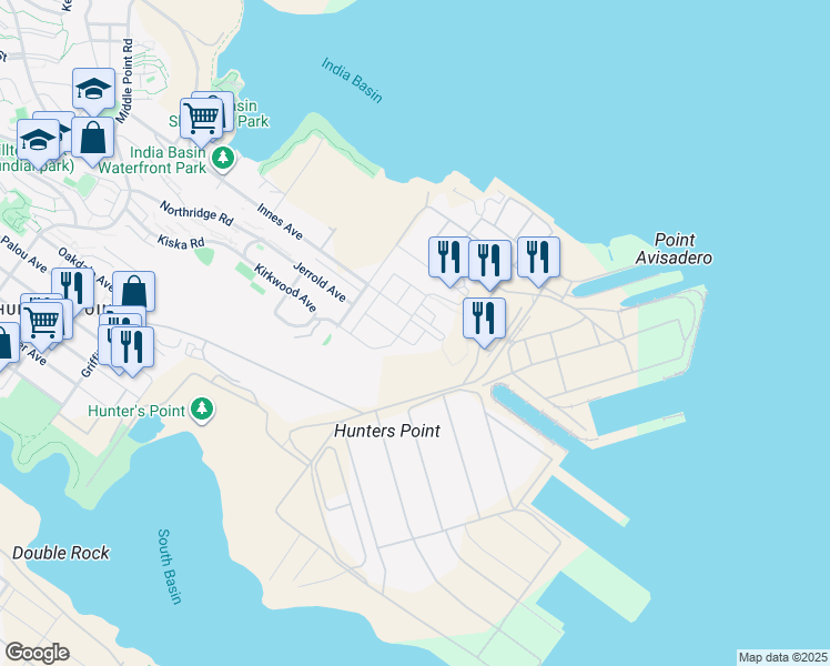 map of restaurants, bars, coffee shops, grocery stores, and more near 11 Innes Court in San Francisco