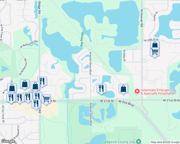 map of restaurants, bars, coffee shops, grocery stores, and more near 2367-2487 N North Shore Blvd in Wichita