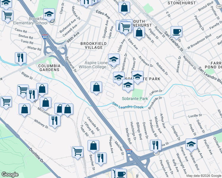 map of restaurants, bars, coffee shops, grocery stores, and more near 364 105th Avenue in Oakland