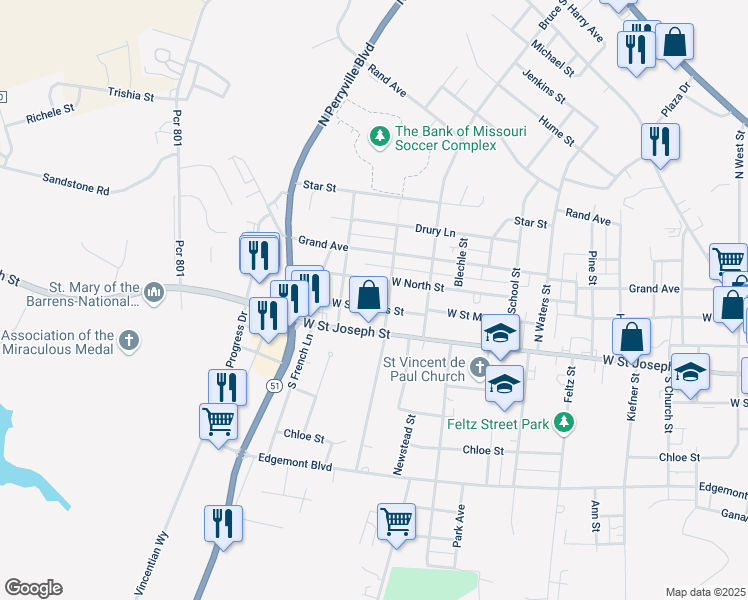 map of restaurants, bars, coffee shops, grocery stores, and more near 1208 West North Street in Perryville
