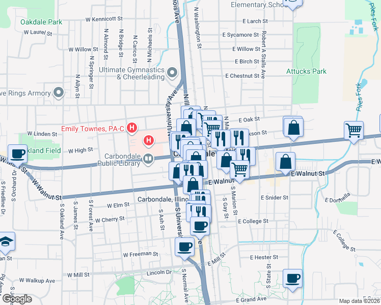 map of restaurants, bars, coffee shops, grocery stores, and more near 2 West Main Street in Carbondale