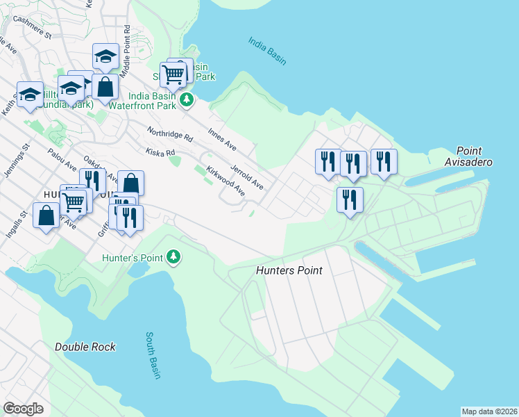 map of restaurants, bars, coffee shops, grocery stores, and more near 118 Dolphin Court in San Francisco