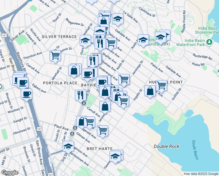 map of restaurants, bars, coffee shops, grocery stores, and more near 1507 Van Dyke Avenue in San Francisco