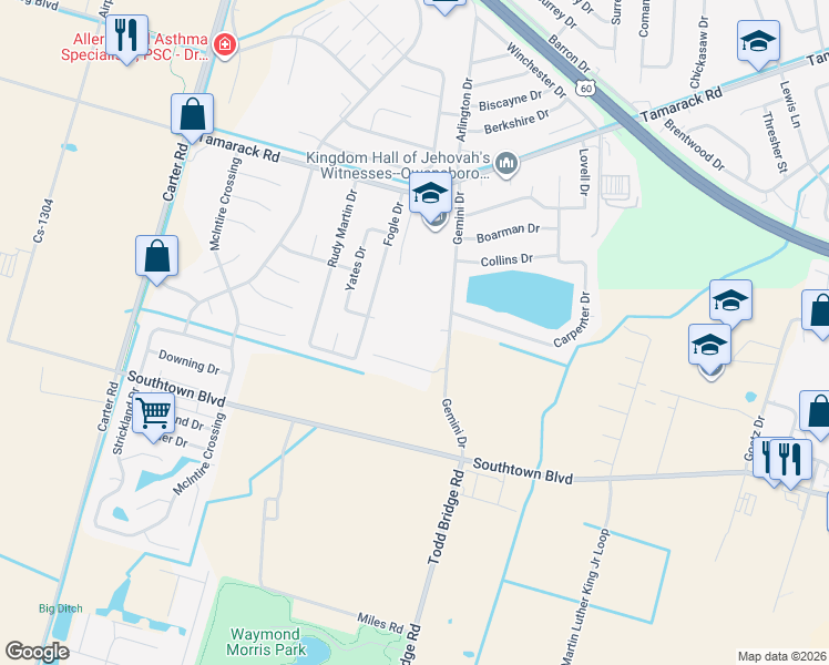 map of restaurants, bars, coffee shops, grocery stores, and more near 2280 Tamarack Road in Owensboro