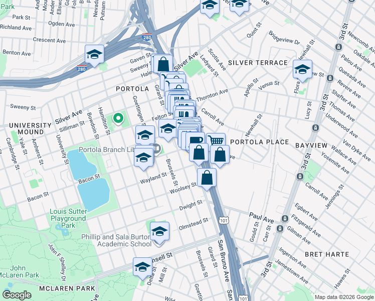 map of restaurants, bars, coffee shops, grocery stores, and more near 2708 San Bruno Avenue in San Francisco