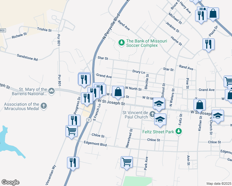 map of restaurants, bars, coffee shops, grocery stores, and more near 1237 West North Street in Perryville