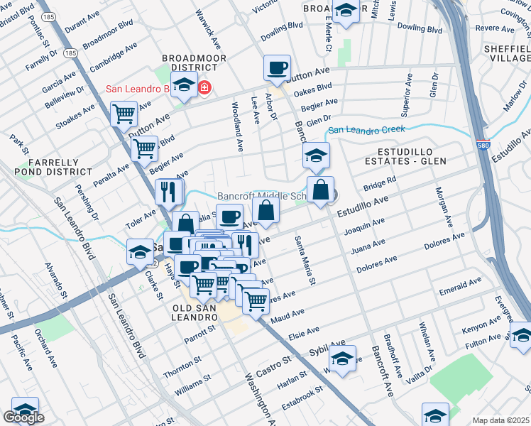 map of restaurants, bars, coffee shops, grocery stores, and more near 424 Callan Avenue in San Leandro