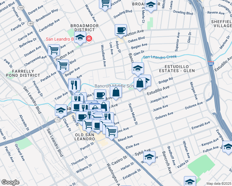 map of restaurants, bars, coffee shops, grocery stores, and more near 424 Callan Avenue in San Leandro