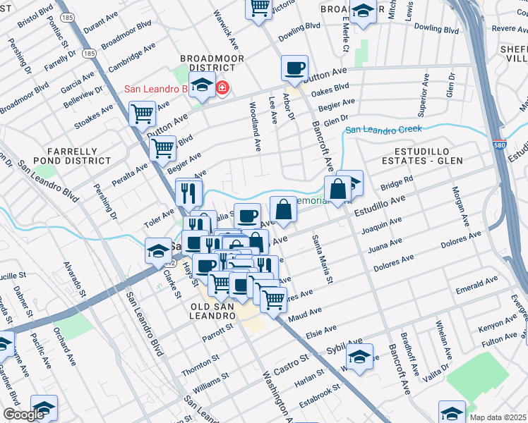 map of restaurants, bars, coffee shops, grocery stores, and more near 424 Callan Avenue in San Leandro