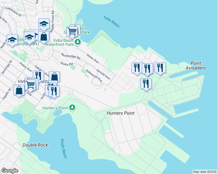 map of restaurants, bars, coffee shops, grocery stores, and more near 118 Dolphin Court in San Francisco