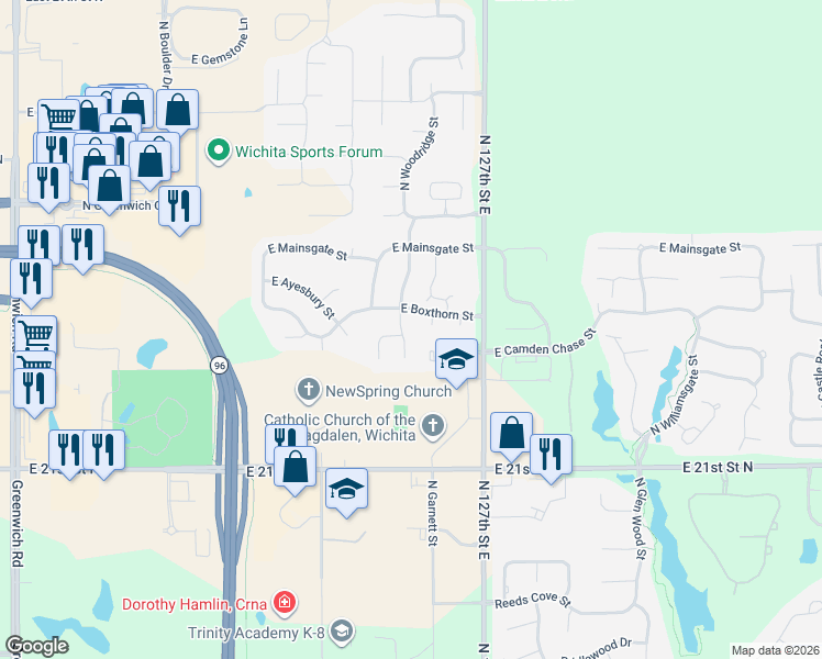 map of restaurants, bars, coffee shops, grocery stores, and more near 12505 East Boxthorn Street in Wichita