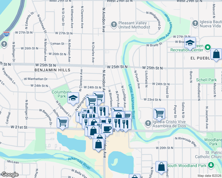 map of restaurants, bars, coffee shops, grocery stores, and more near 1912 West 24th Street North in Wichita