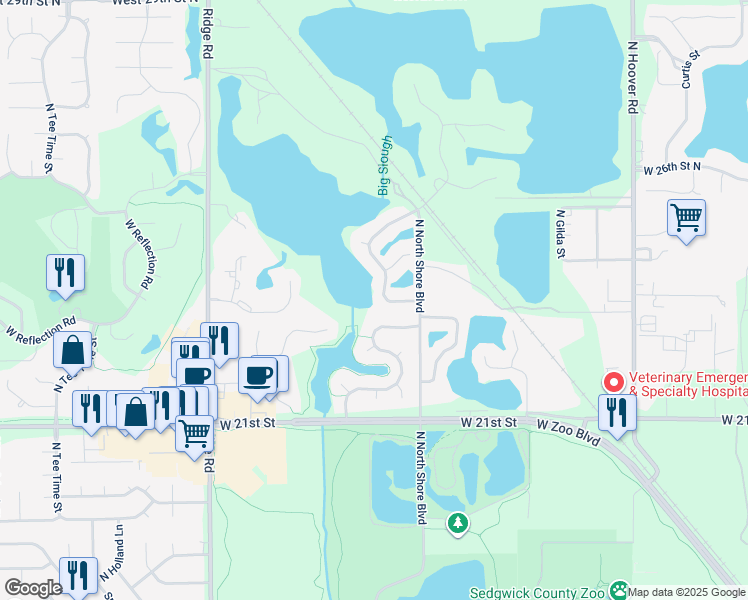 map of restaurants, bars, coffee shops, grocery stores, and more near 2417 N Hazelwood St in Wichita